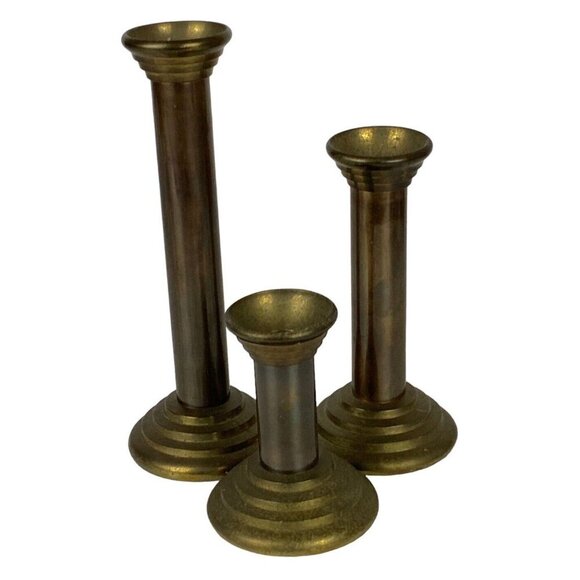 Brass Copper Candlestick Taper Candle Holder Set Of 3 Graduated Heights India - Picture 6 of 6